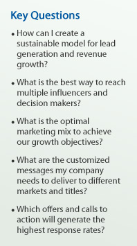Key Questions
- How can I create a sustainable model for lead generation and revenue growth?
- What is the best way to reach multiple influencers and decision makers?
- What is the optimal marketing mix to achieve our growth objectives?
- What are the customized messages my company needs to deliver to different markets and titles?
- Which offers and calls to action will generate the highest response rates?