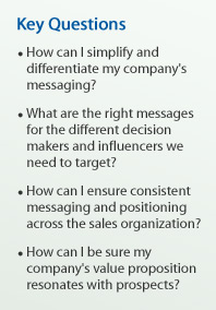 Key Questions
- How can I simplify and differentiate my company's messaging?
- What are the right messages for the different decision makers and influencers we need to target?
- How can I ensure consistent messaging and positioning across the sales organization?
- How can I be sure my company's value proposition resonates with prospects?