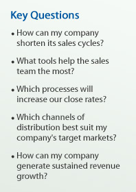 Key Questions
- How can my company shorten its sales cycles?
- What tools help the sales team the most?
- Which processes will increase our close rates?
- Which channels of distribution best suit my company's target markets?
- How can my company generate sustained revenue growth?